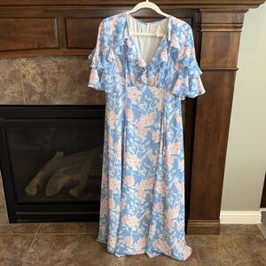 Gal Meets Glam Shelby Tie Neck Ruffle Maxi Dress size 12 cottagecore coquette